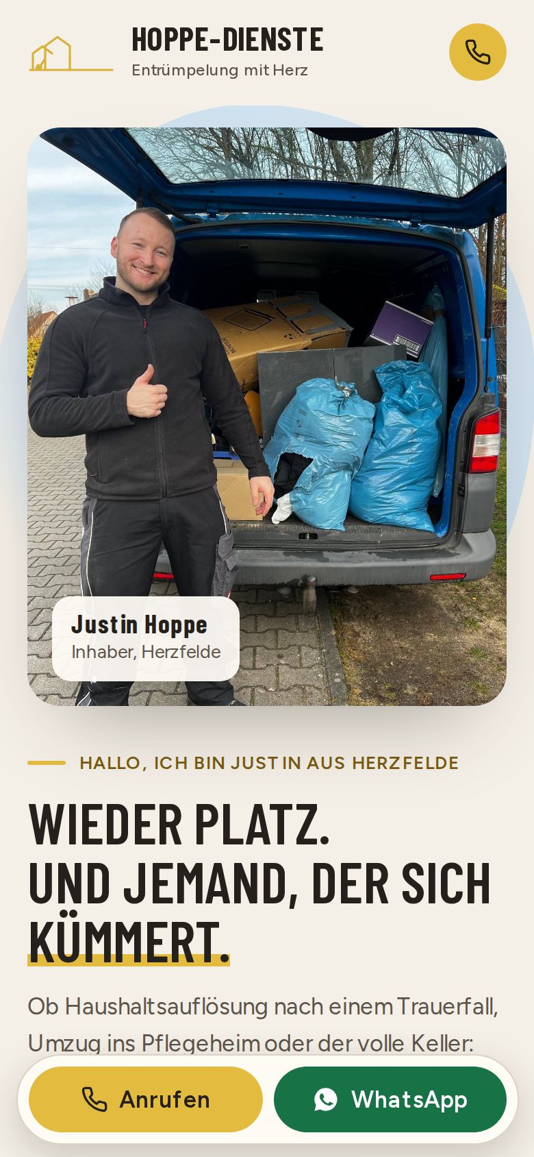 Neue Seite am Handy mit Justin und zwei großen Knöpfen