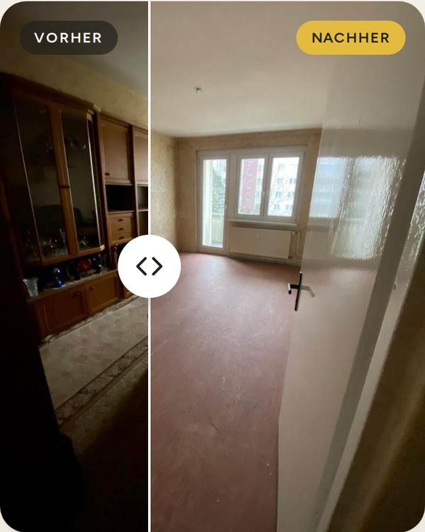 Vorher-Nachher-Regler mit einem geräumten Wohnzimmer